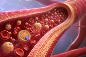 Ilustração médica de partículas lipoproteicas e células sanguíneas circulando no interior de uma artéria.