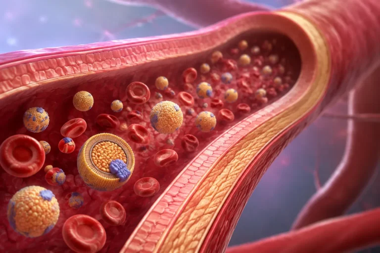 Ilustração médica de partículas lipoproteicas e células sanguíneas circulando no interior de uma artéria.