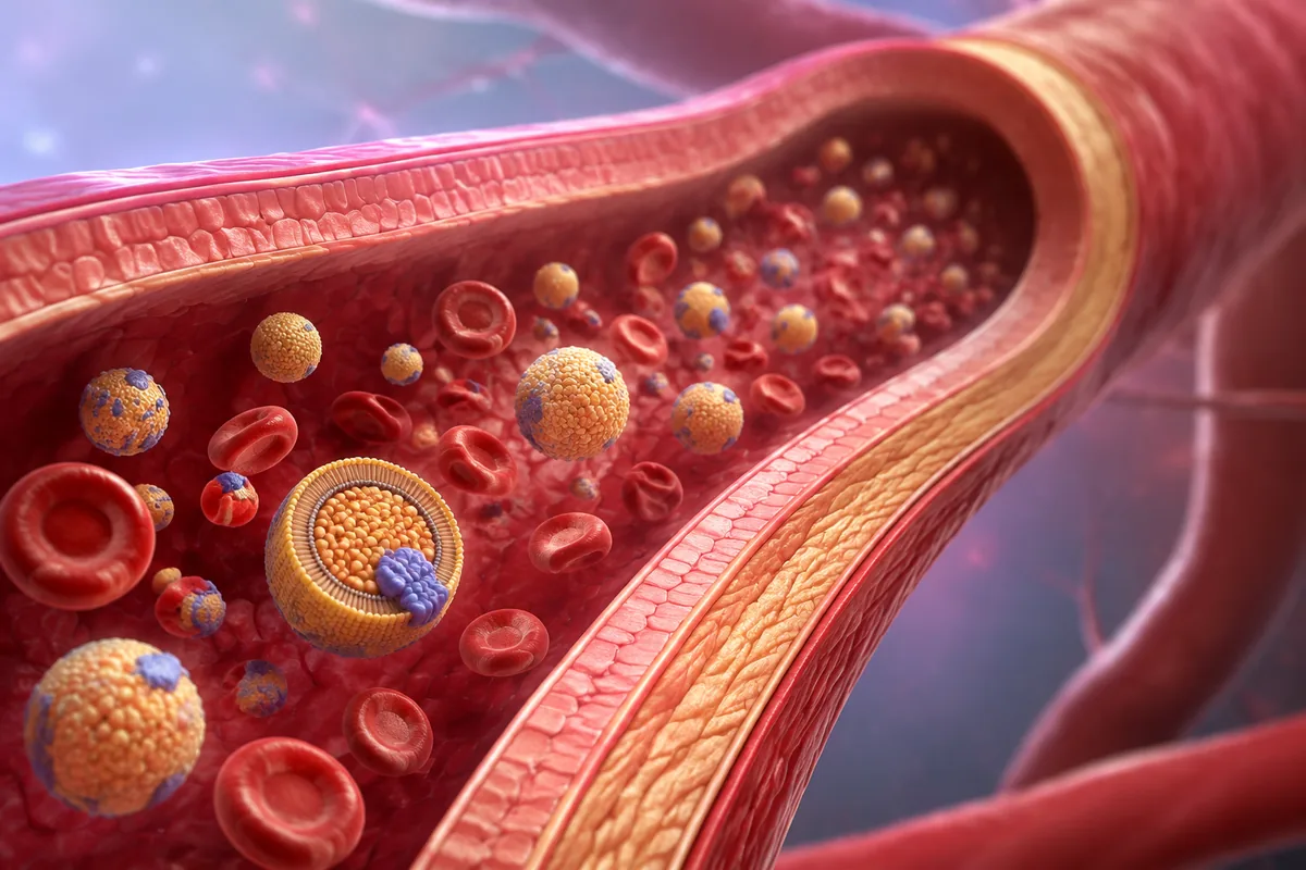Ilustração médica de partículas lipoproteicas e células sanguíneas circulando no interior de uma artéria.