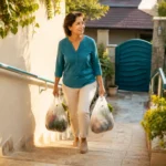 Mulher adulta sobe uma escada externa carregando duas sacolas leves de compras, representando força e autonomia no envelhecimento.