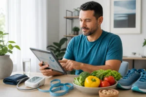 Homem adulto revisa indicadores de saúde em um tablet, com aparelho de pressão, alimentos frescos e tênis de caminhada sobre a mesa.