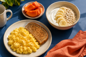 Ovos mexidos com pão, iogurte com aveia e banana e mamão sobre uma mesa azul.